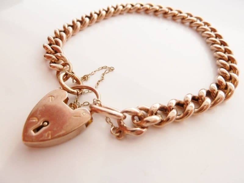 SOLD VINTAGE HEART PADLOCK BRACELET 9CT ROSE GOLD SMALL PLAIN LINKS